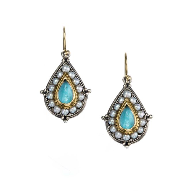 Athenian flowers Aphrodite teardrop earrings in 18K Gold and Sterling Silver with aquamarine