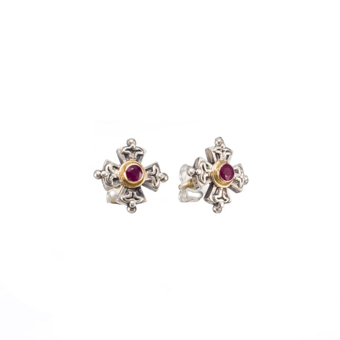 Cross Stud Earrings in 18K Gold with Sterling Silver with ruby - Image 2