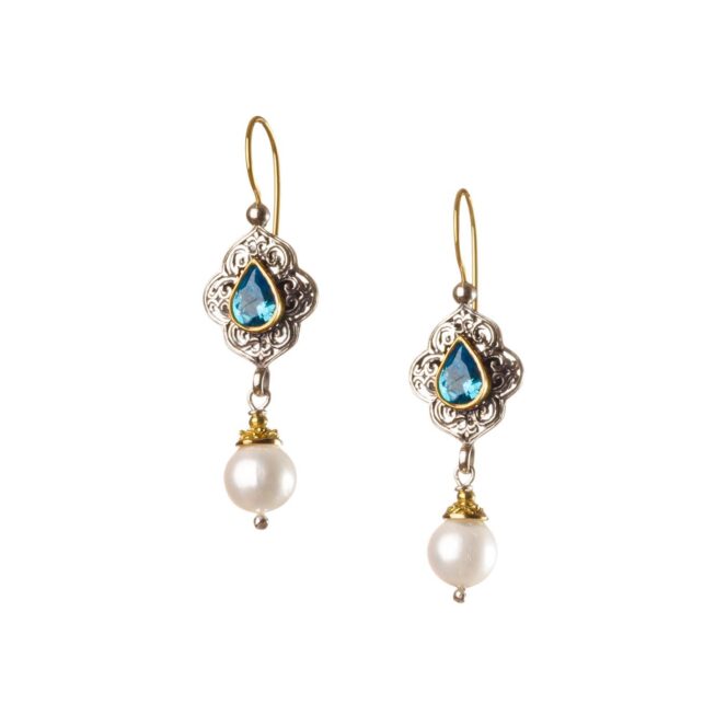 Byzantine long earrings in 18K Gold and Sterling Silver with rhodolite - Image 2
