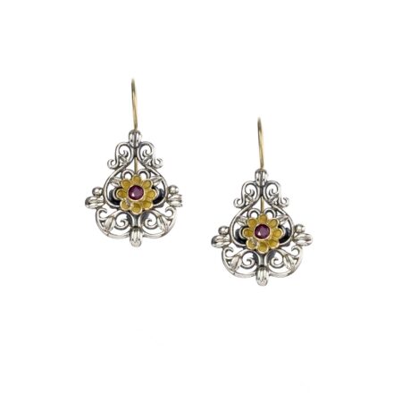 Byzantine Earrings in 18K Gold and Sterling Silver with ruby