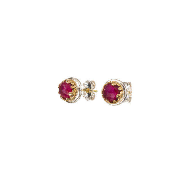 Aegean colors stud round earrings in 18K Gold and Sterling Silver with doublet stone - Image 2