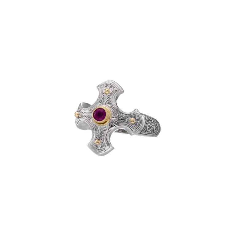 Classic Cross Ring in 18K Gold and Sterling Silver with ruby - Image 5