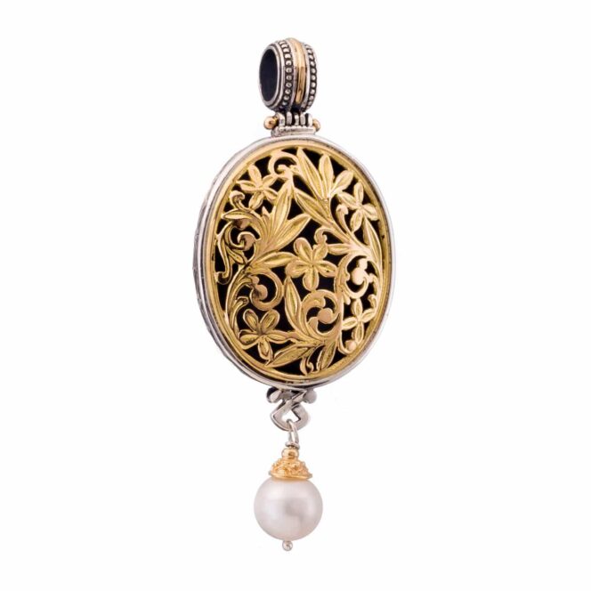 Garden Shadows big Oval pendant in 18K Gold and Sterling Silver