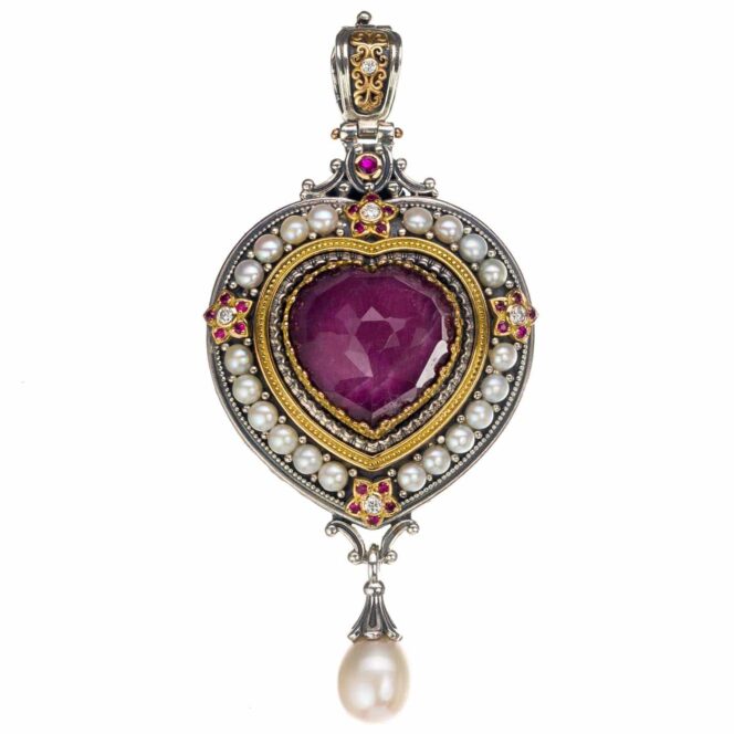 Imperial heart pendant in 18K Gold and Sterling Silver with Gemstones - Image 2