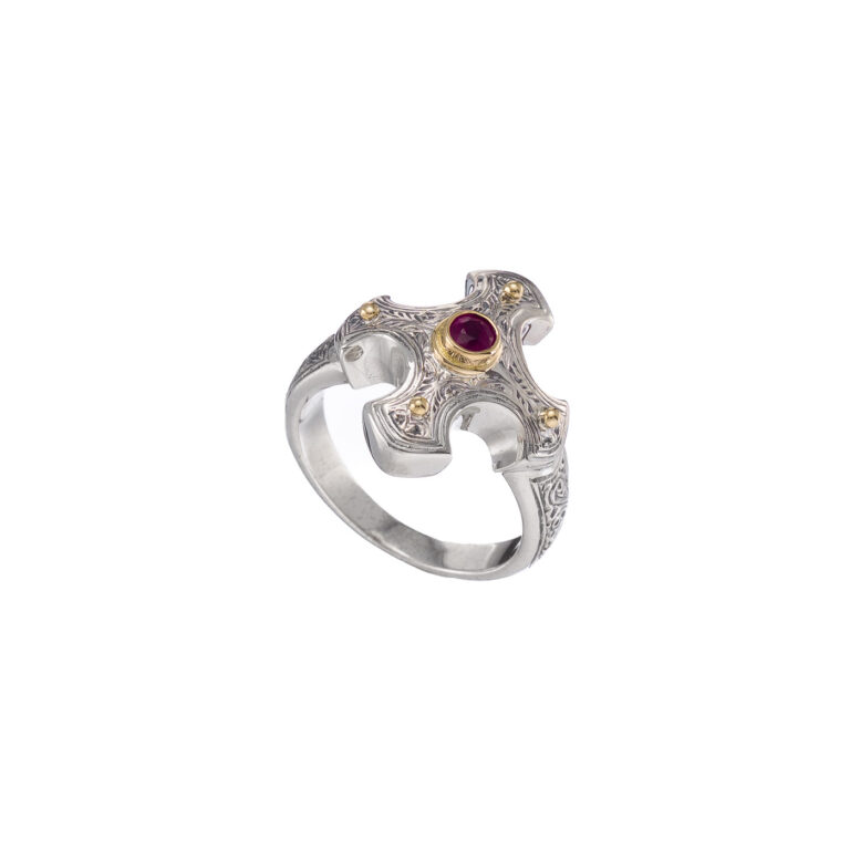 Classic Cross Ring in 18K Gold and Sterling Silver with ruby - Image 2