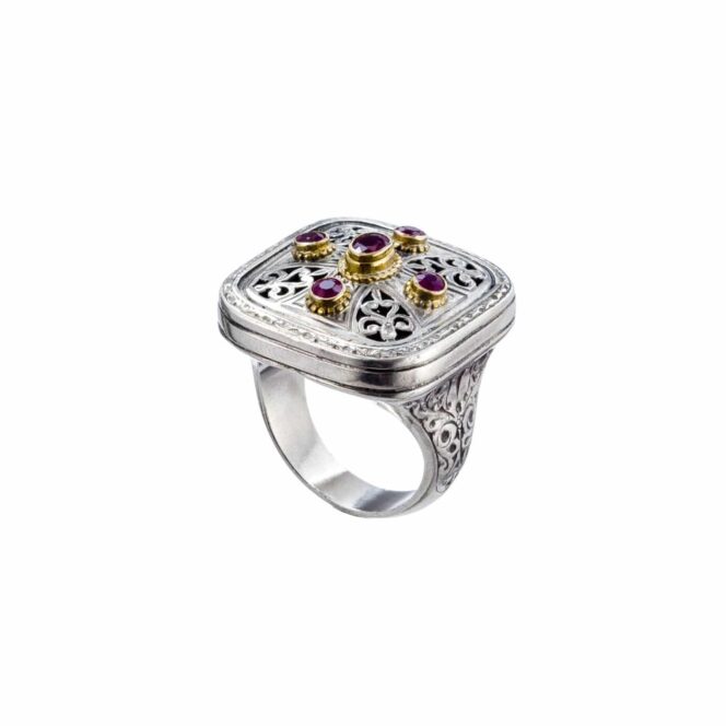 Garden Shadows Cross pattern square Ring in 18K Gold and Sterling Silver with rubies - Image 2