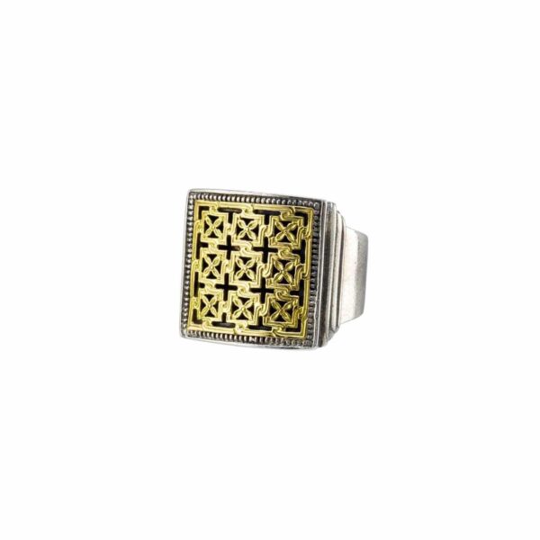 Monastiraki Cross Pattern square ring in 18K Gold and Sterling Silver