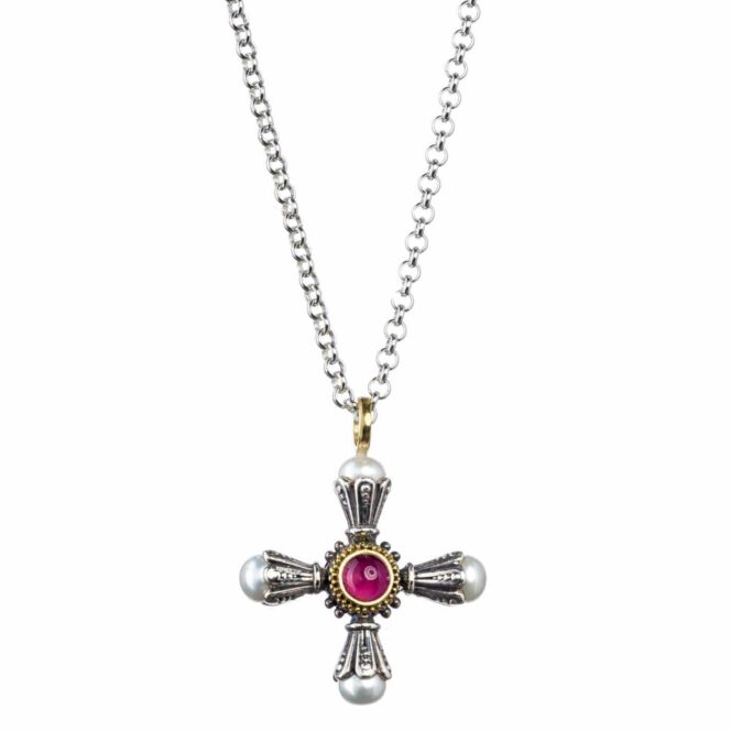 Santorini cross in 18K Gold and Sterling Silver with Semi Precious Stone - Image 2