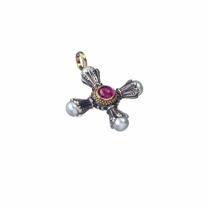 Santorini cross in 18K Gold and Sterling Silver with Semi Precious Stone - Image 3