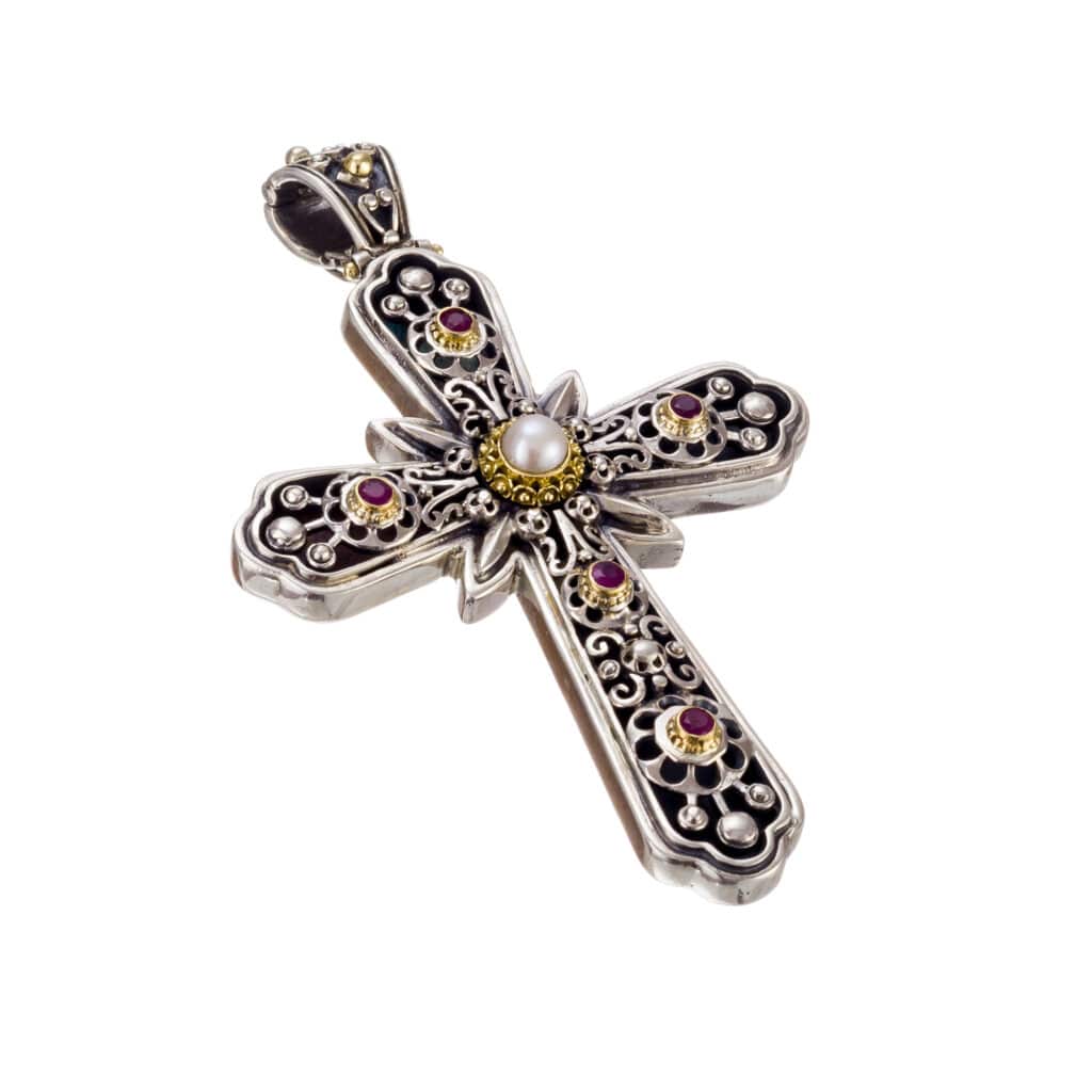 Byzantine cross in 18K Gold and Sterling silver with Gemstones - Image 2