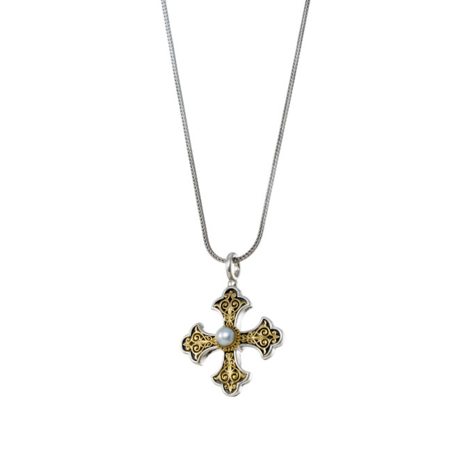 Aretousa Cross in 18K Gold and Sterling silver with Pearl - Image 2