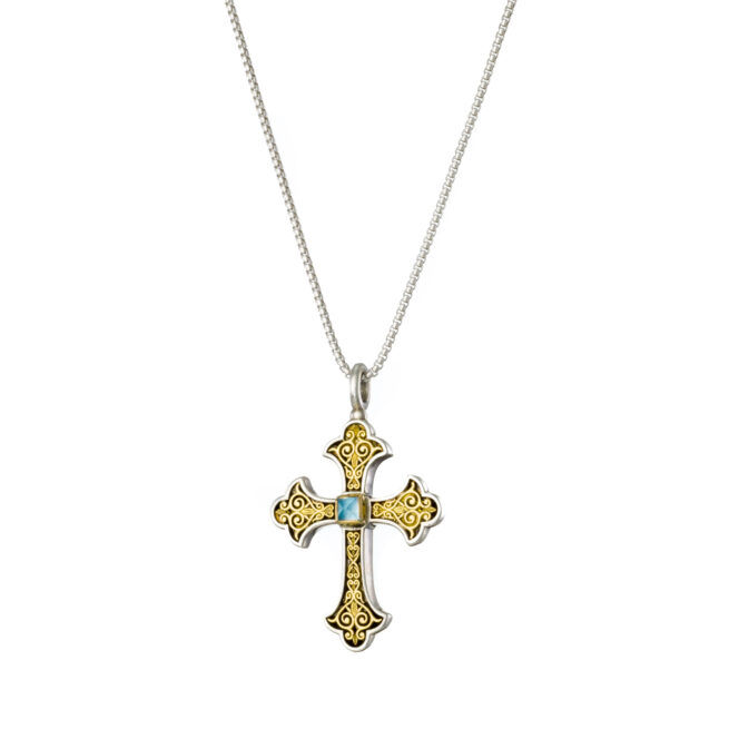 Aretousa Cross in 18K Gold and Sterling silver with aquamarine - Image 2