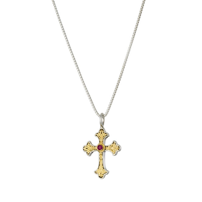 Aretousa small Cross in 18K Gold and Sterling silver with Ruby - Image 2