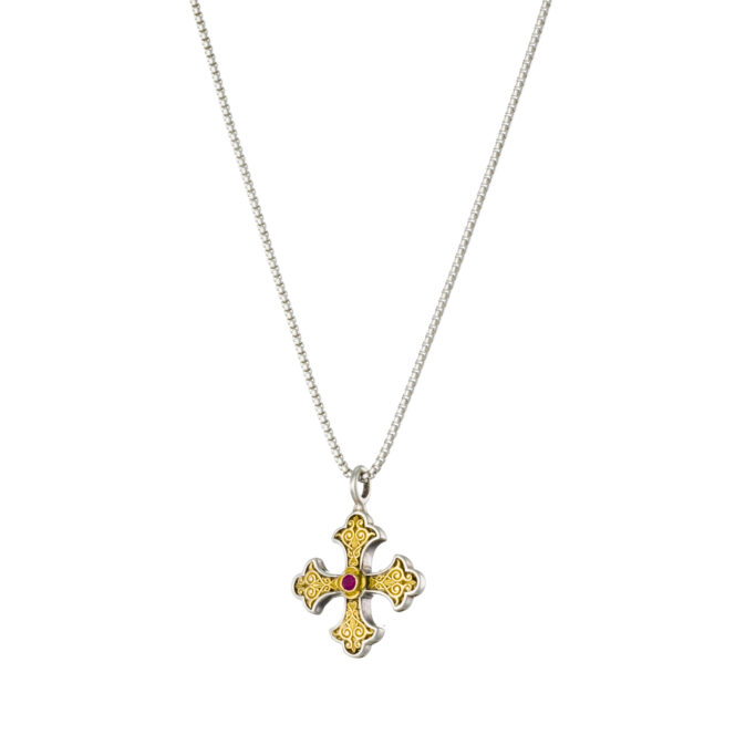 Aretousa Cross in 18K Gold and Sterling silver with Ruby - Image 2