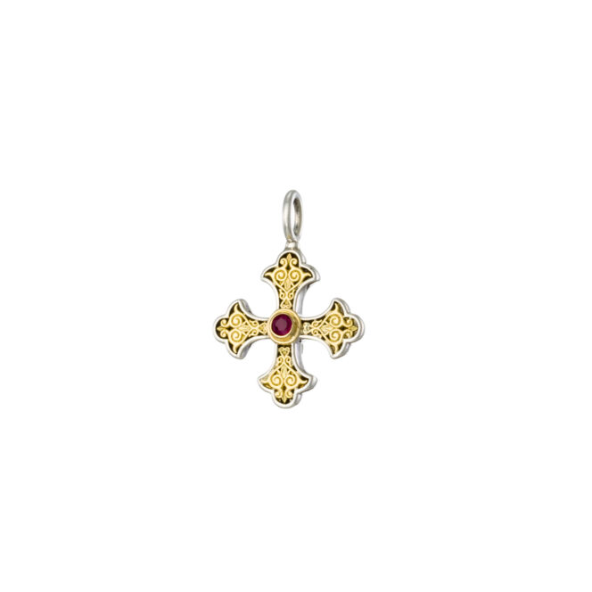 Aretousa Cross in 18K Gold and Sterling silver with Ruby