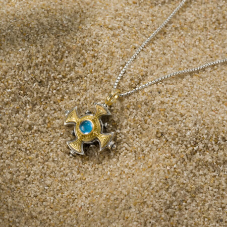 Cyclades Cross in 18K Gold and Sterling Silver with Semi Precious Stone