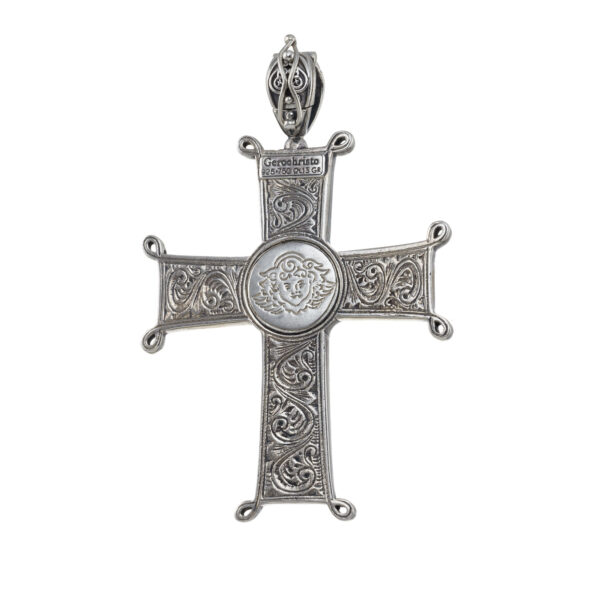 Erotokritos and Aretousa Cross in 18K Gold and Sterling silver with mother of pearl and ruby - Image 2