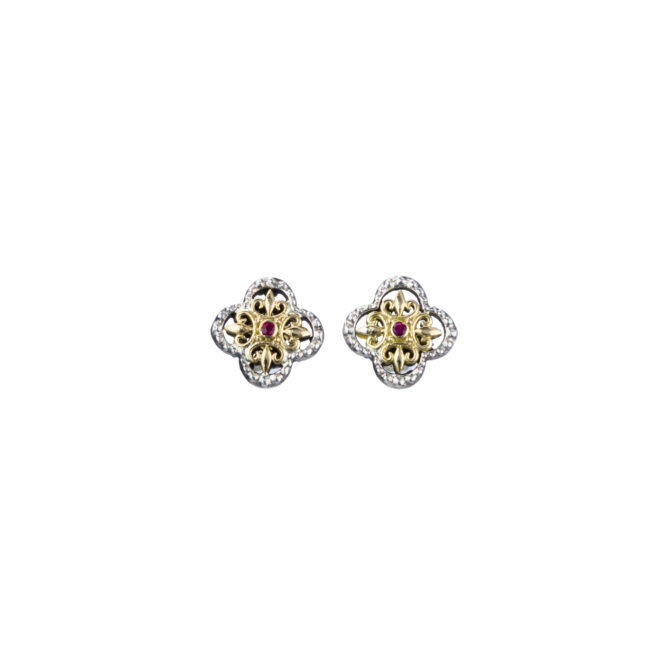 Cross flower Stud earrings in 18K Gold and sterling silver with precious stones