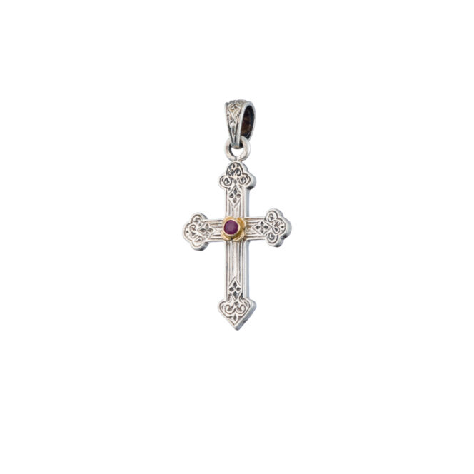 Byzantine Cross in Sterling Silver and 18K Gold with ruby
