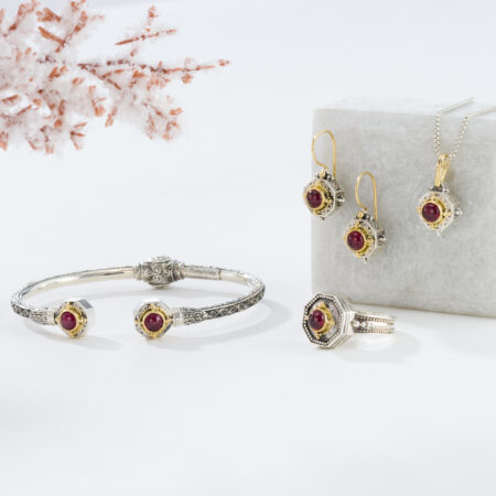 Cyclades polygon set in 18K Gold and Sterling silver with Garnet