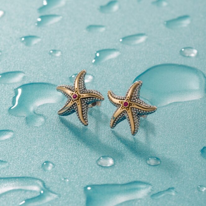 Starfish big stud Earrings in 18K Gold and Sterling Silver with Brown Diamonds - Image 2
