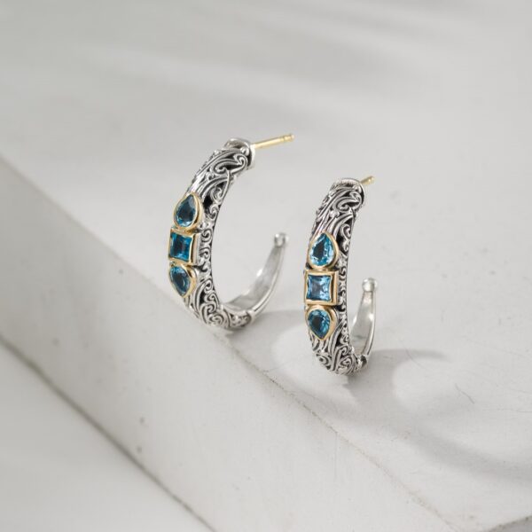 Kynthia Hoops Earrings in 18K Gold and Sterling Silver with 3 Semi Precious Stones - Image 2