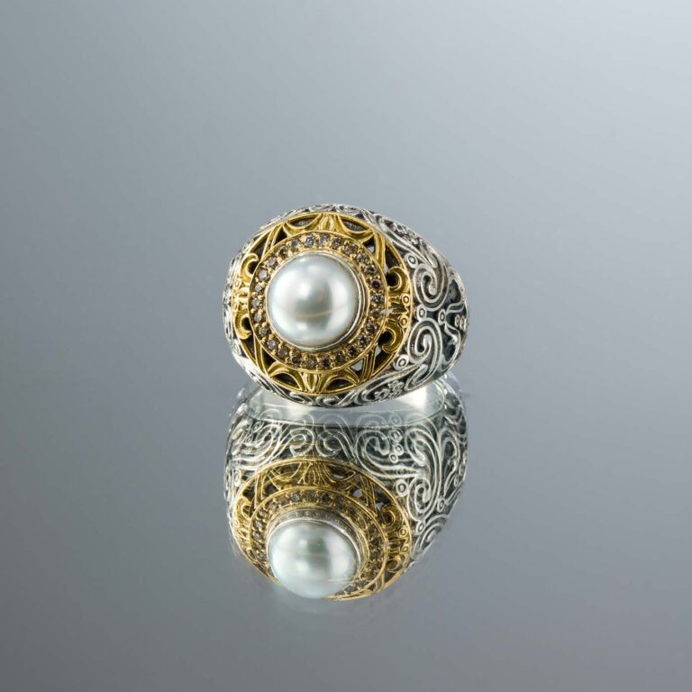 Kosmos Ring in 18K Gold and Sterling Silver with Brown Diamonds and Pearl - Image 2