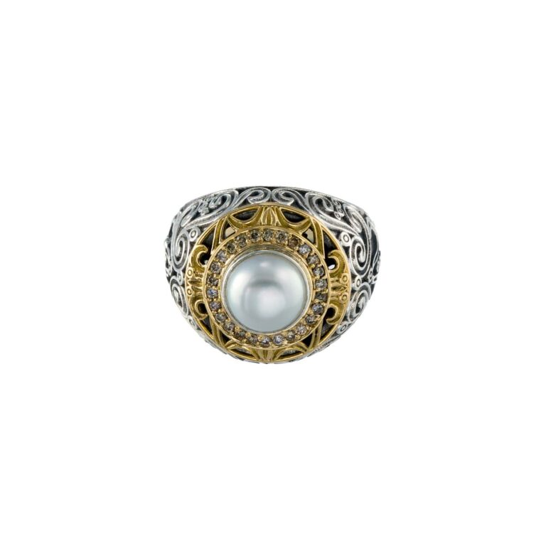 Kosmos Ring in 18K Gold and Sterling Silver with Brown Diamonds and Pearl - Image 3
