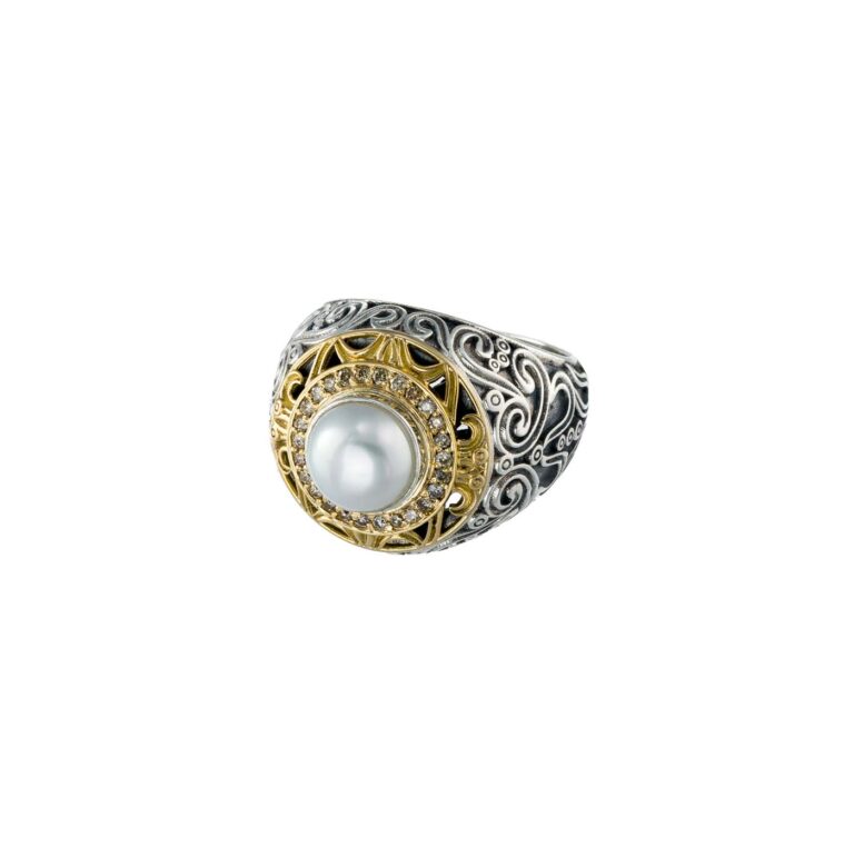 Kosmos Ring in 18K Gold and Sterling Silver with Brown Diamonds and Pearl - Image 5