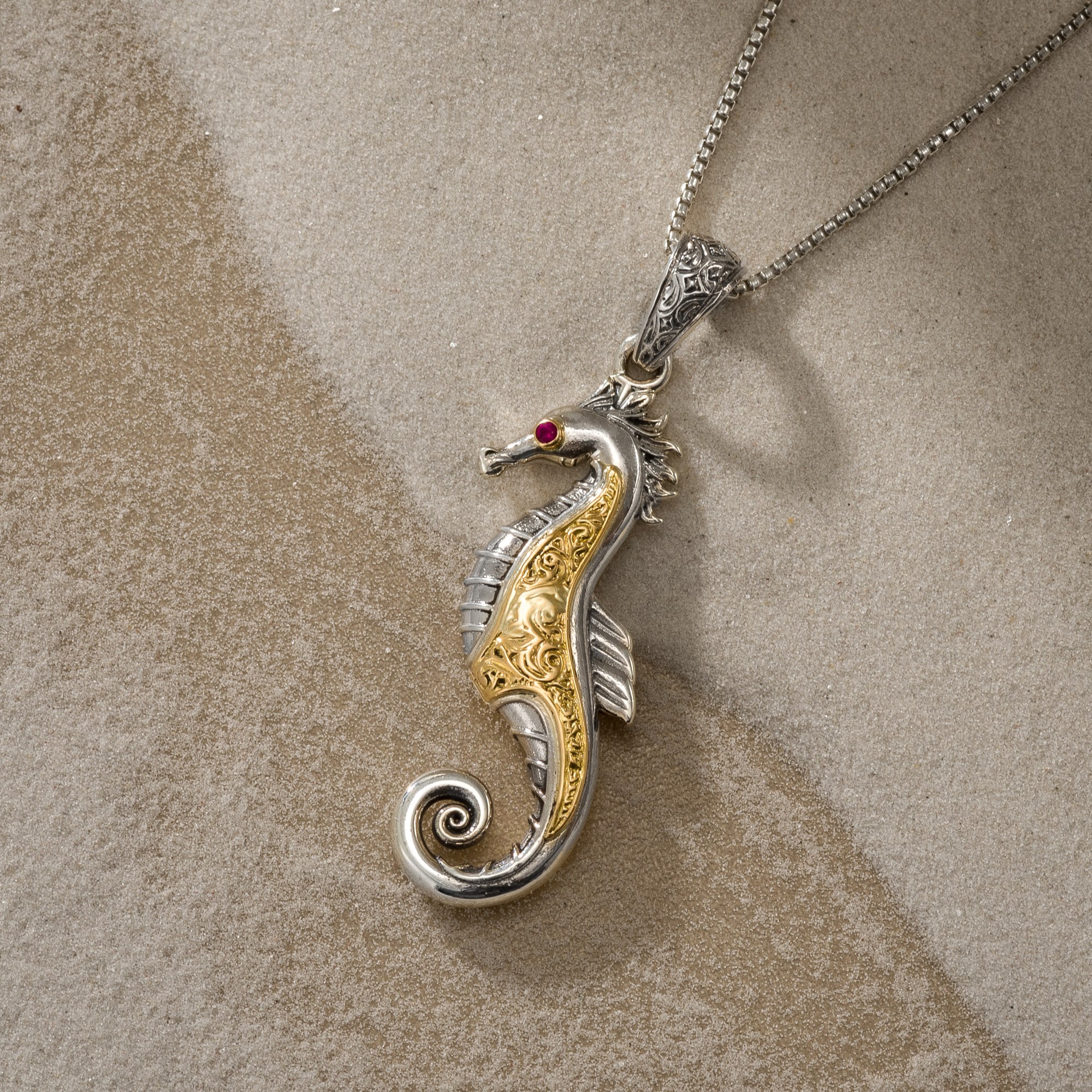 Pendant in 18K solid Yellow Gold and Sterling Silver with precious stones.Sea Horse Pendant in 18K Gold and Sterling Silver with Precious Stones